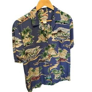 Paradise Found General Motors Hawaiian Shirt Mens Large Classic Cars Palm Trees